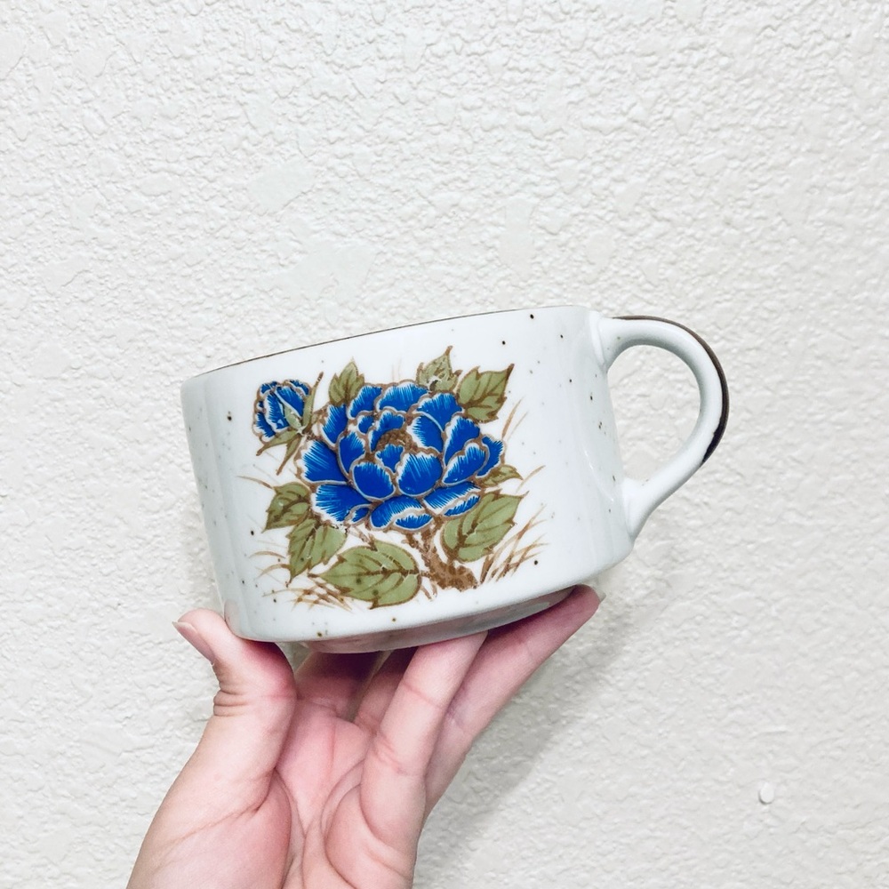Vintage Otagiri Stoneware Speckled Blue Floral Soup Mug Cup Countrycottage